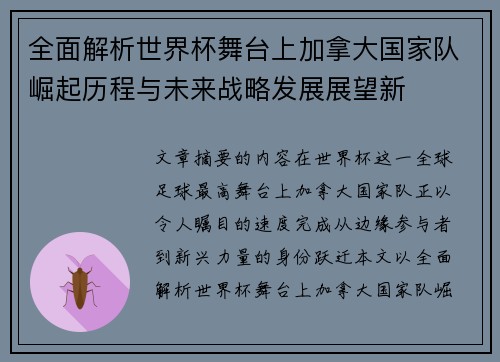 全面解析世界杯舞台上加拿大国家队崛起历程与未来战略发展展望新
